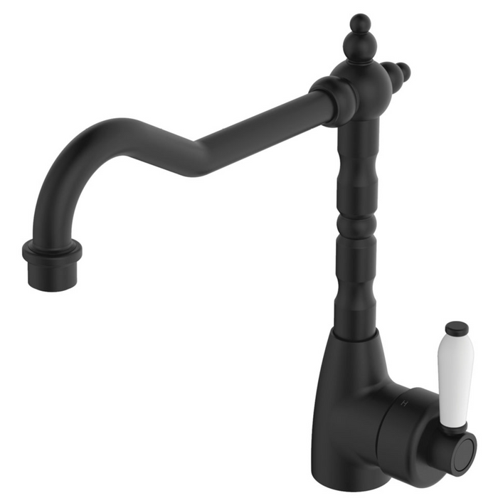 Fienza Eleanor Shepherds Crook Sink Mixer - Matte Black/ Ceramic