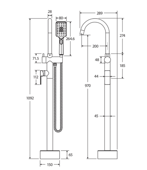 Fienza Tono Floor Mounted Bath Filler With Hand Shower - Brushed Nickel