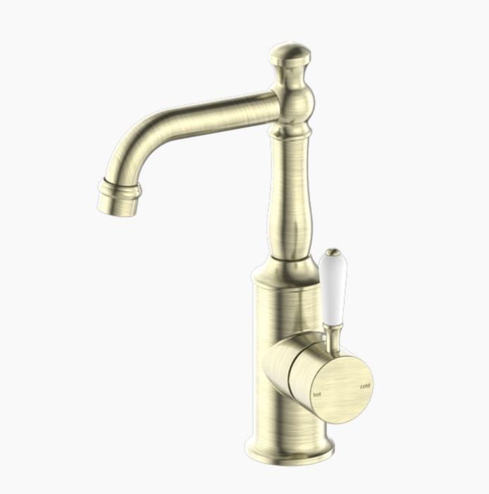 Nero York Basin Mixer Porcelain Lever - Aged Brass