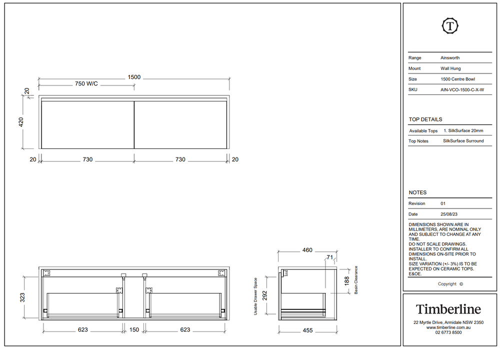 Timberline Ainsworth Wall Hung Vanity - 1500mm