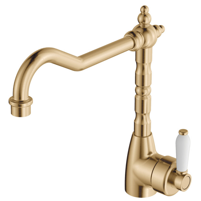 Fienza Eleanor Shepherds Crook Sink Mixer - Urban Brass/ Ceramic