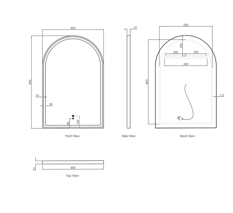 Otti Archie LED Metal Frame Mirror - Gold - 900mm x600mm