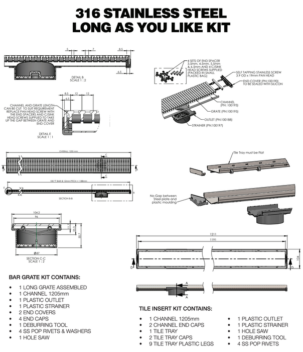 Art Australia Linear Grate LAYL Kit - 316SS - 1200mm