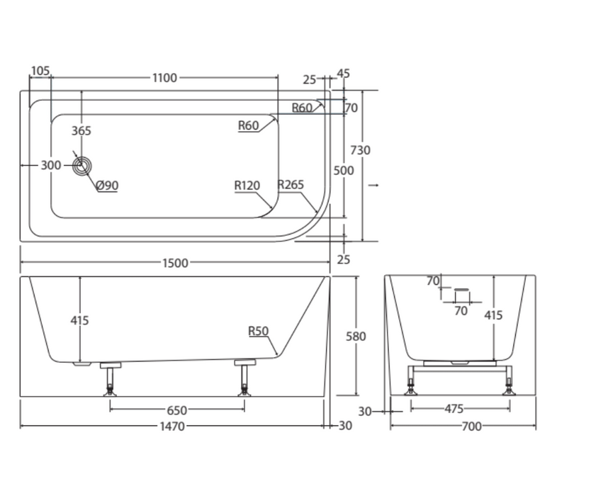 Fienza Hustle Bath - Right-Hand With Overflow - 1500mm