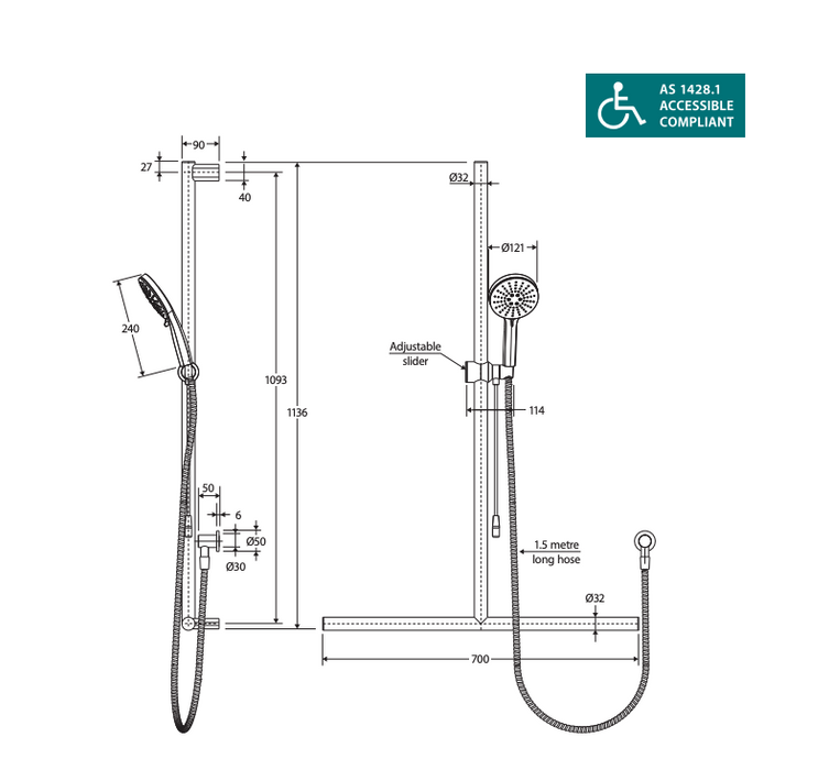 Fienza Care Inverted T Rail Shower with Push/Pull Slider - Brushed Copper