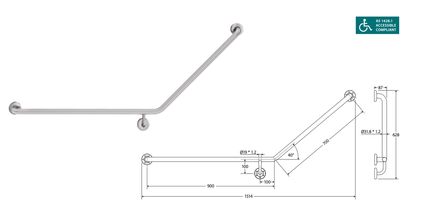 Fienza 40° Accessible Care Left-Hand Grab Rail - Stainless Steel