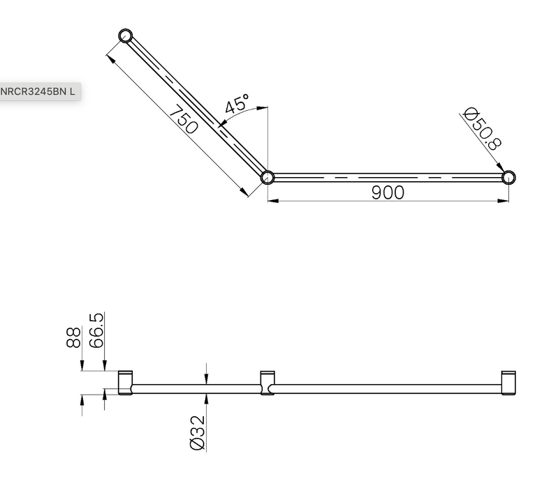 Nero Mecca Care 32mm Ambulant Grab Rail 45 Degree 750 x 450mm - Brushed Nickel