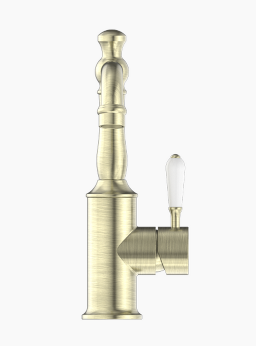 Nero York Basin Mixer Porcelain Lever - Aged Brass