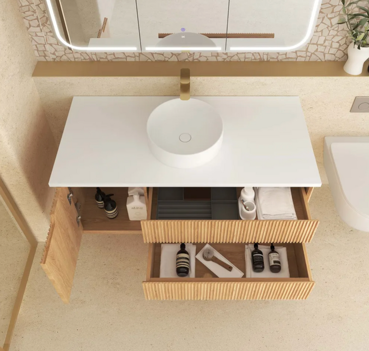 Otti Byron Fluted Single Bowl Wall Hung Vanity - Woodland Oak - 1200mm