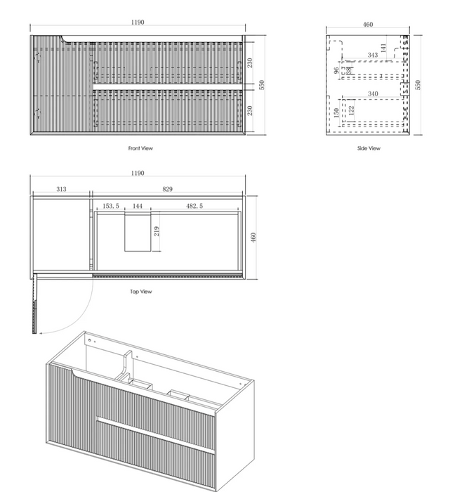 Otti Byron Fluted Single Bowl Wall Hung Vanity - Woodland Oak - 1200mm