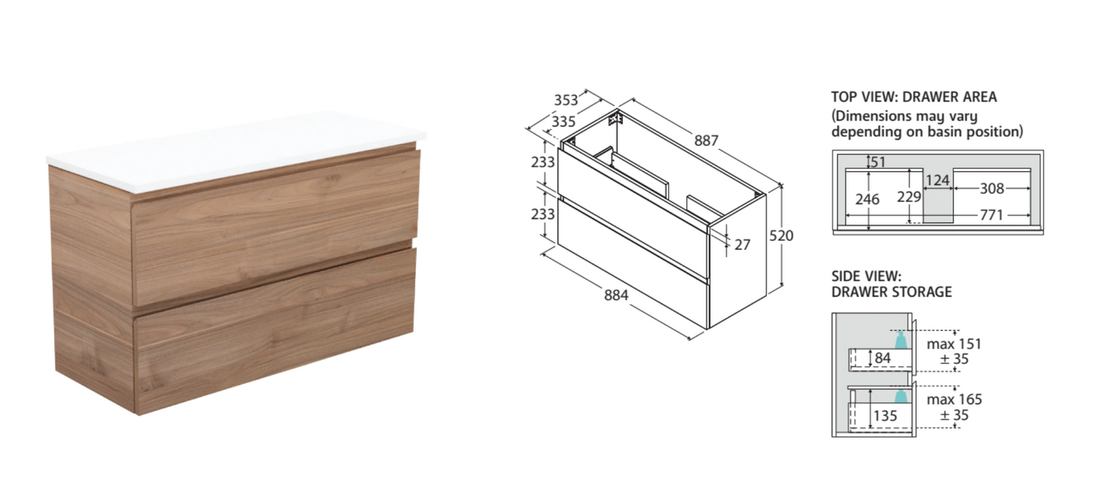 Fienza Carmen Ensuite All Drawer Vanity Wall Hung - Ceramic or Stone Top - 900mm