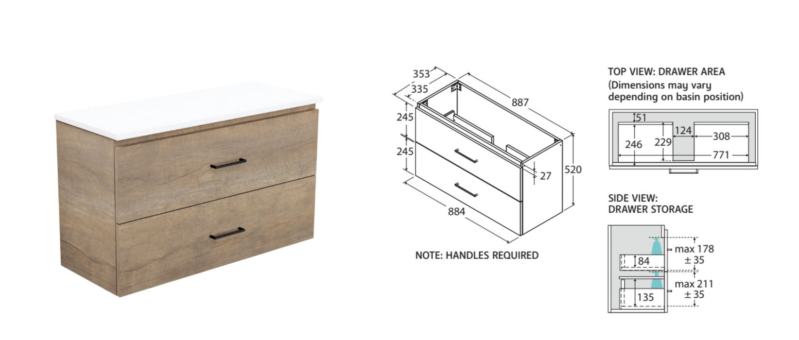 Fienza Carmen Ensuite All Drawer Vanity Wall Hung - Ceramic or Stone Top - 900mm