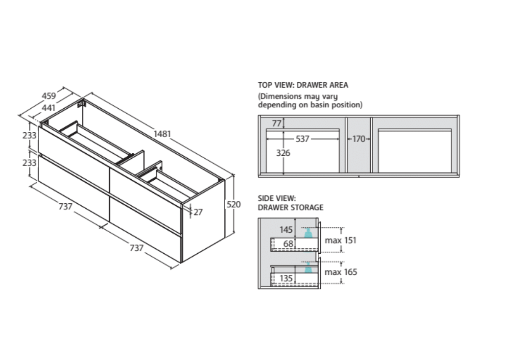 Fienza Carmen All-Drawer Vanity Wall Hung - Stone Top - Single Bowl - 1500mm