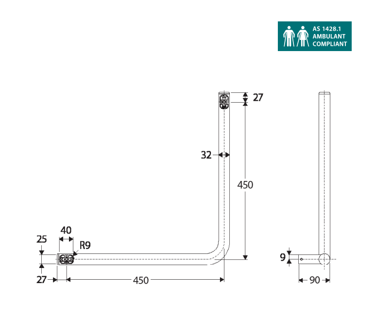 Fienza - 90° Care Slimline Ambulant Care Hand Rail -Stainless Steel