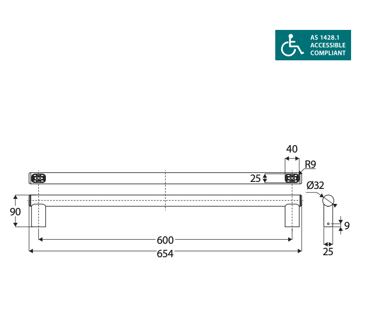 Fienza Care Slimline Hand Rail - 600mm - Stainless Steel
