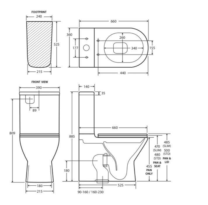 Fienza Tono R & T Back-to-Wall Toilet Suite - 90-160mm - Slim Seat