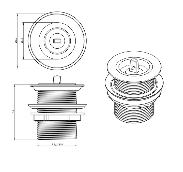 Art Australia Plug & Waste - Rubber Plug - 40mm x 50mm No Overflow - Chrome