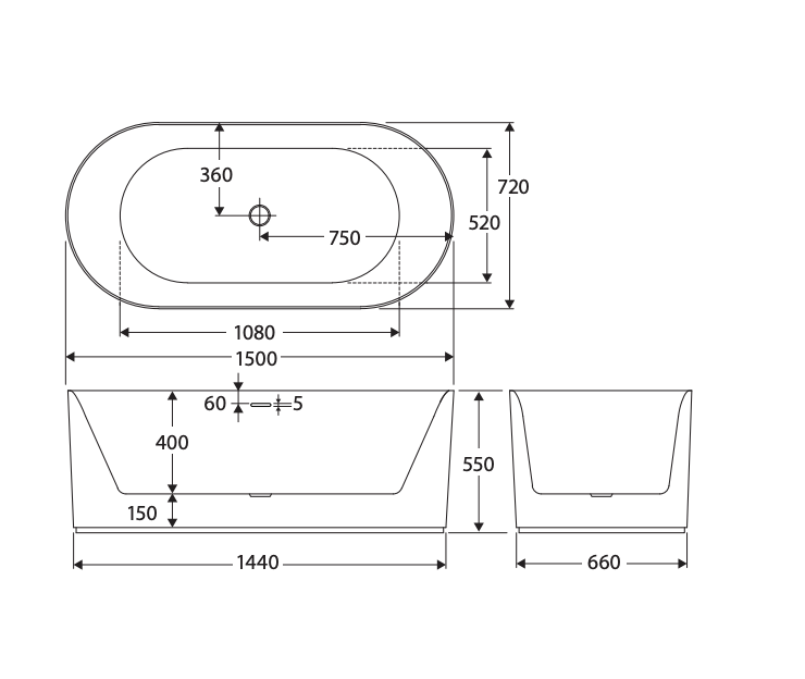 Fienza Empire Slim Freestanding Solid Surface Bath -  1500mm -  Matte White