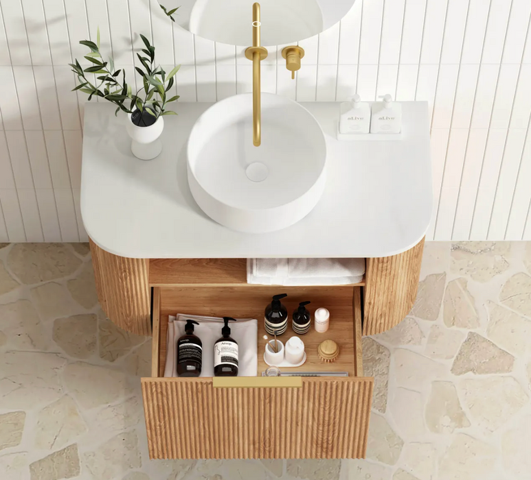 Otti  Bondi Curved Fluted Wall Hung Vanity - Woodland Oak - 900mm