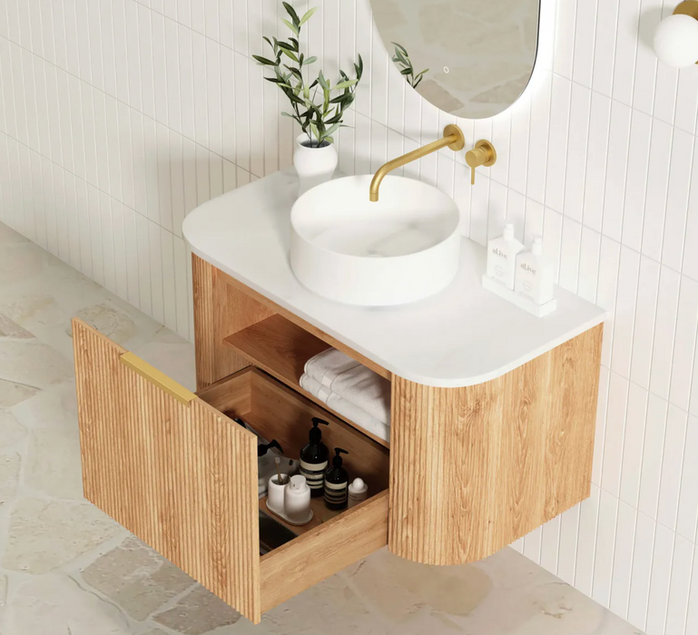 Otti  Bondi Curved Fluted Wall Hung Vanity - Woodland Oak - 900mm