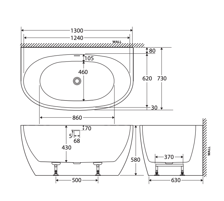 Fienza Keeto Back To Wall Bath With Overflow - 1300mm