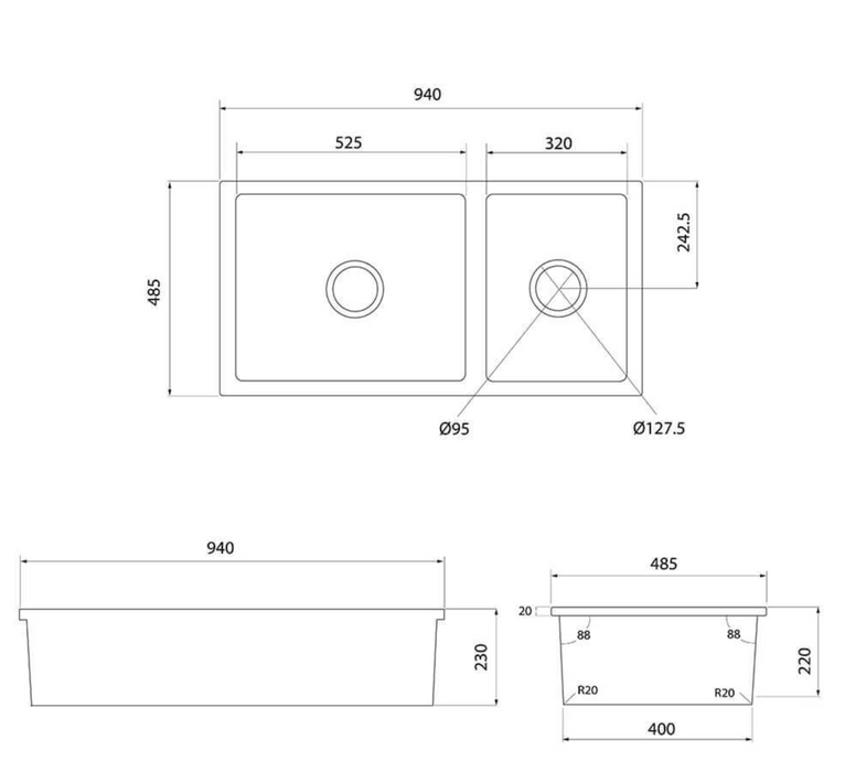 Turner Hastings Cuisine 93 x 48 Inset/Undermount One & Half Bowl Fine Fireclay Sink - Gloss White