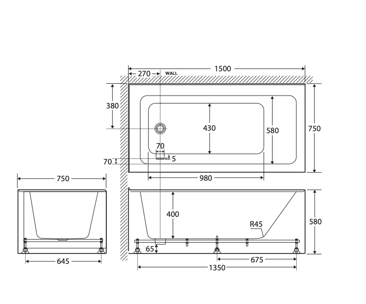 Fienza Sentor Right-Hand Acrylic Bath With Overflow - 1500mm