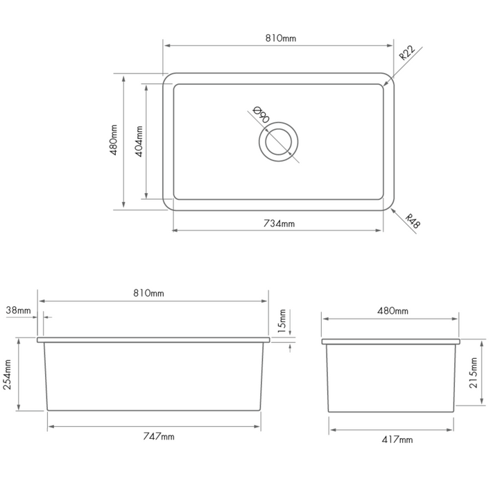 Turner Hastings Cuisine 81 x 48 Inset/Undermount No Overflow Fine Fireclay Sink - Gloss White