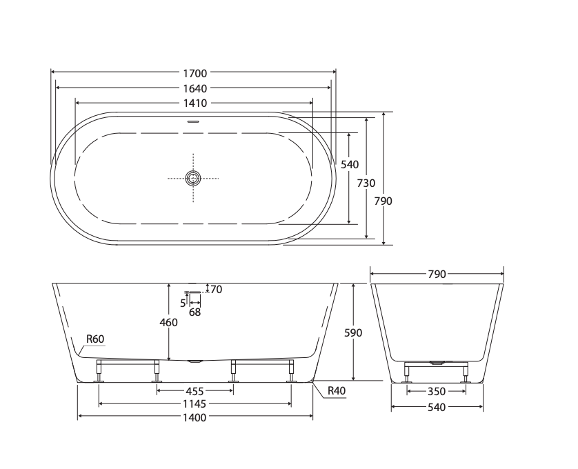 Fienza Austin Freestanding Acrylic Bath With Overflow - 1700mm