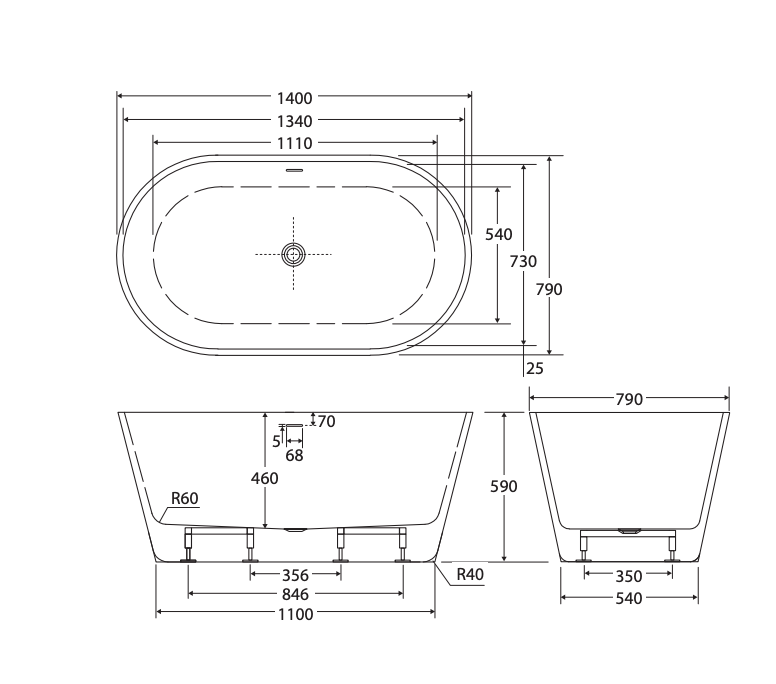 Fienza Austin Freestanding Acrylic Bath With Overflow - 1400