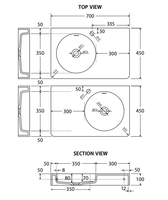 Fienza Encanto 700 Solid Surface Wall Basin, 1 Tap Hole