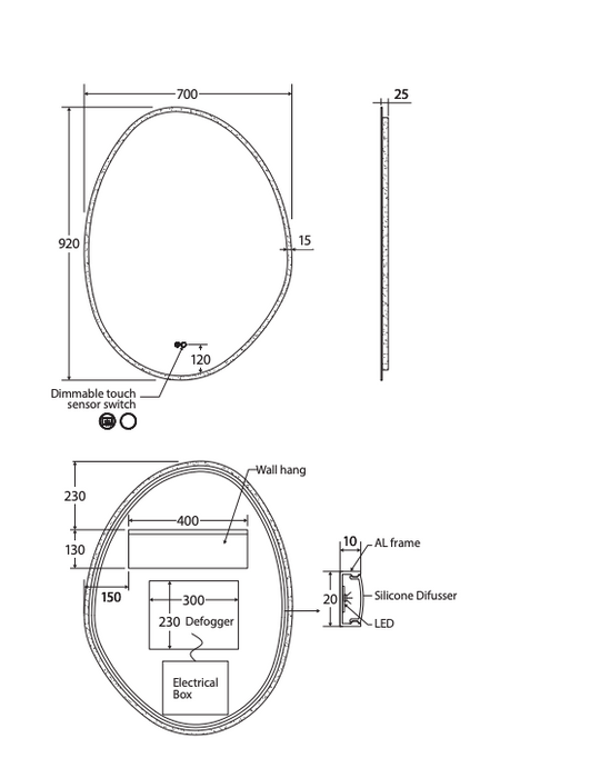 Fienza Pebble Asymmetrical LED Mirror -  700mm x 920mm