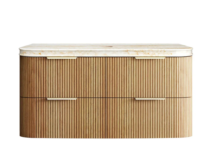 Otti Havana Fluted Single Bowl Wall Hung Vanity - Woodland Oak - 50mm English Edge Sand Dune  - 1200mm