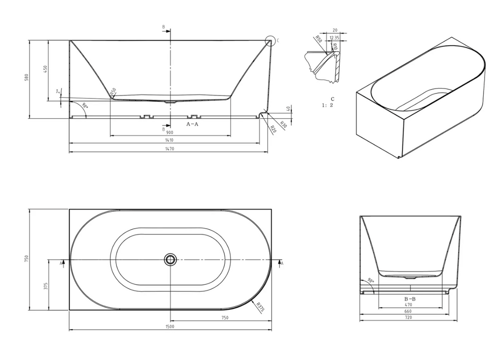Otti Attica Celine Left Corner Bath - 1500mm
