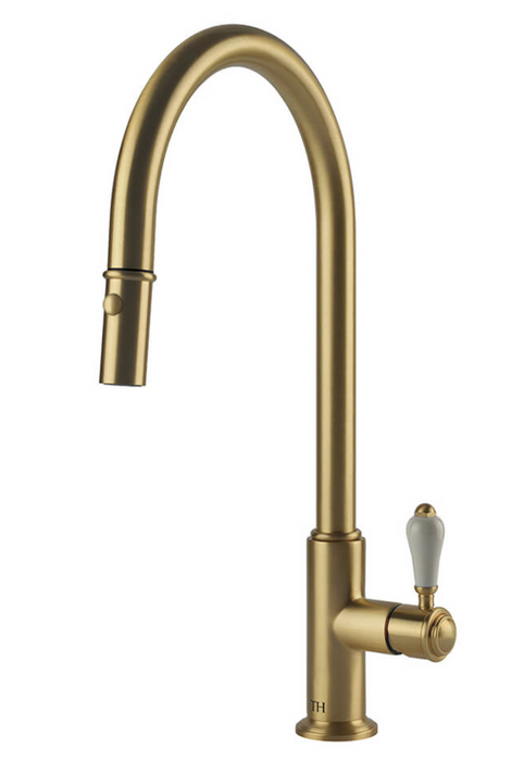 Turner Hastings Ludlow Pull Out Sink Mixer with White Lever Handle - Brushed Brass