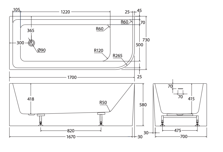 Fienza Hustle Right-Hand Multi Fit Acrylic Bath with Overflow, 1700mm