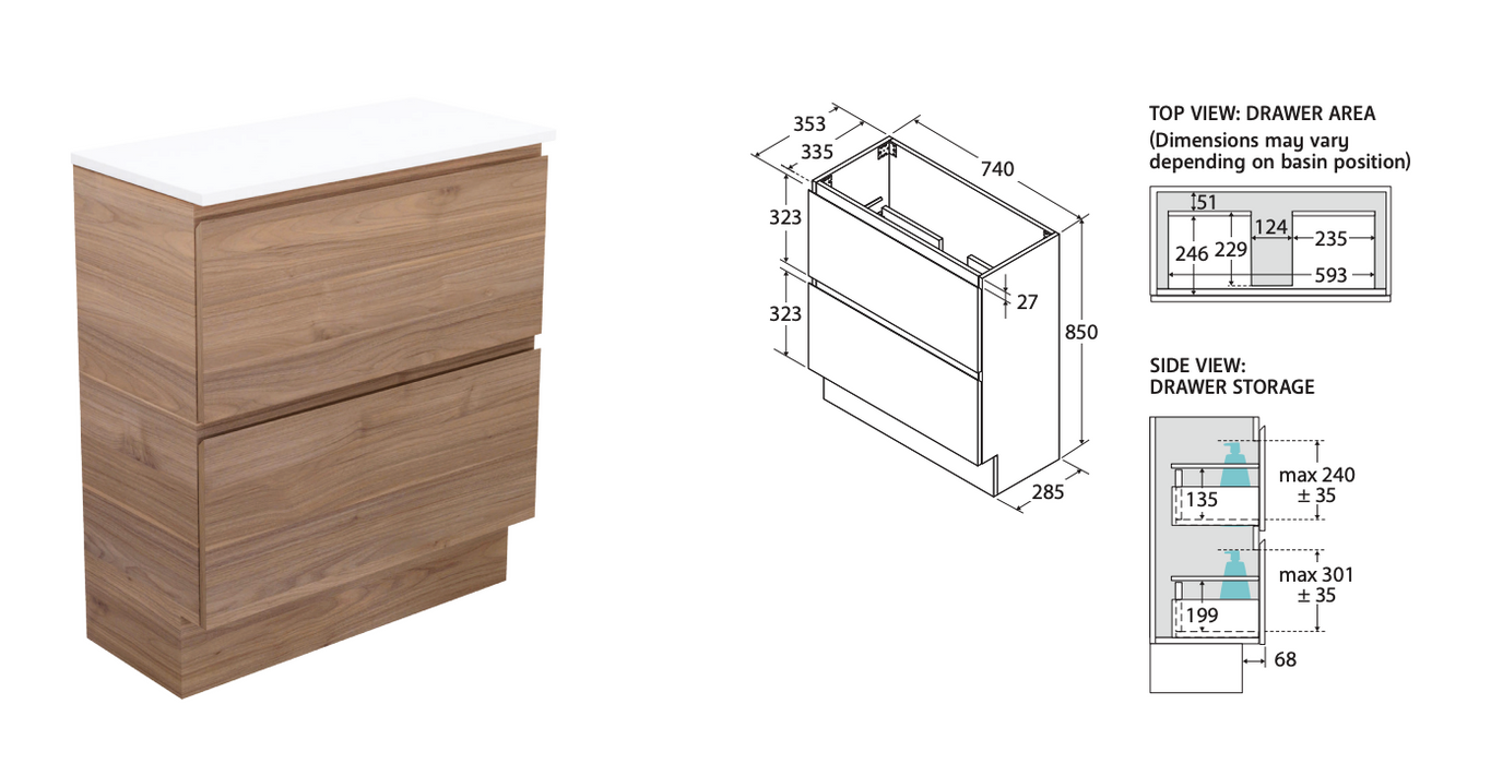Fienza Carmen All-Drawer Vanity Floor Mounted - Ceramic Top - 750mm