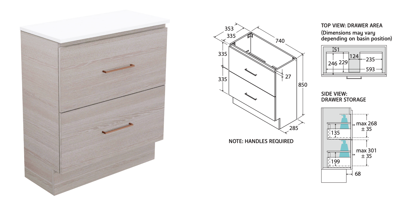 Fienza Carmen All-Drawer Vanity Floor Mounted - Ceramic Top - 750mm