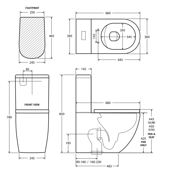 Fienza Koko R & T Back-to-Wall Toilet Suite - 90-160mm - Slim Seat