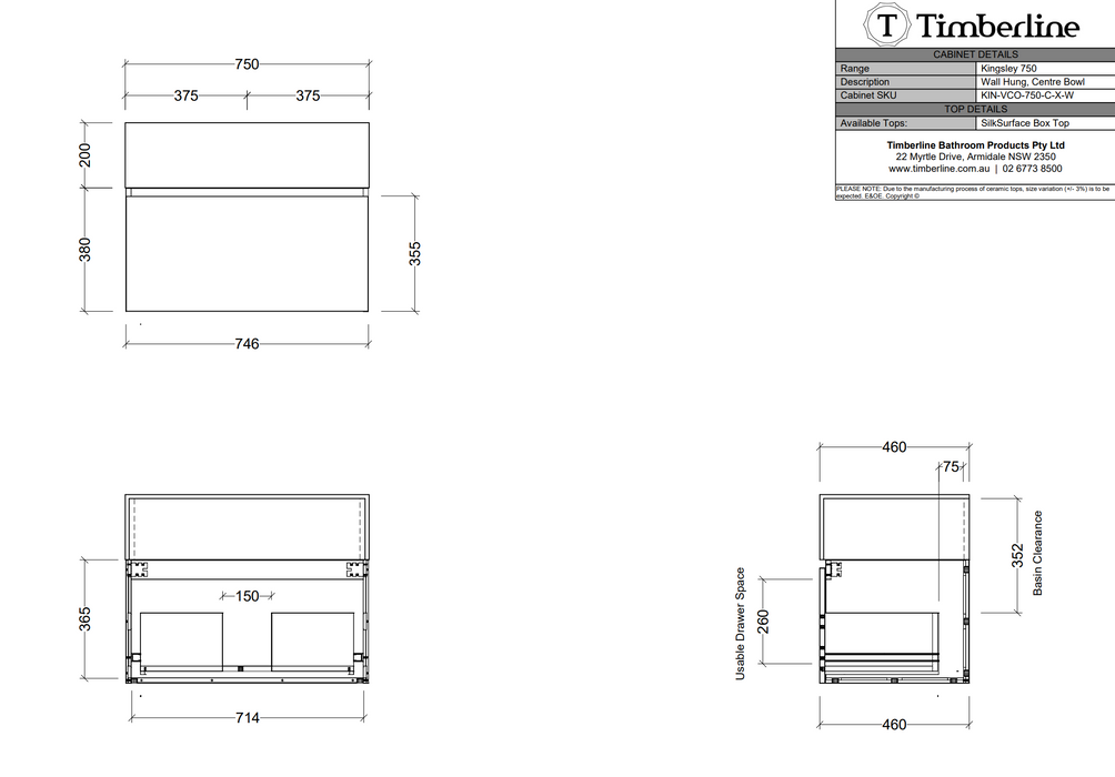 Timberline Kingsley Vanity - 60mm Silk Surface Top & Undermount Basin