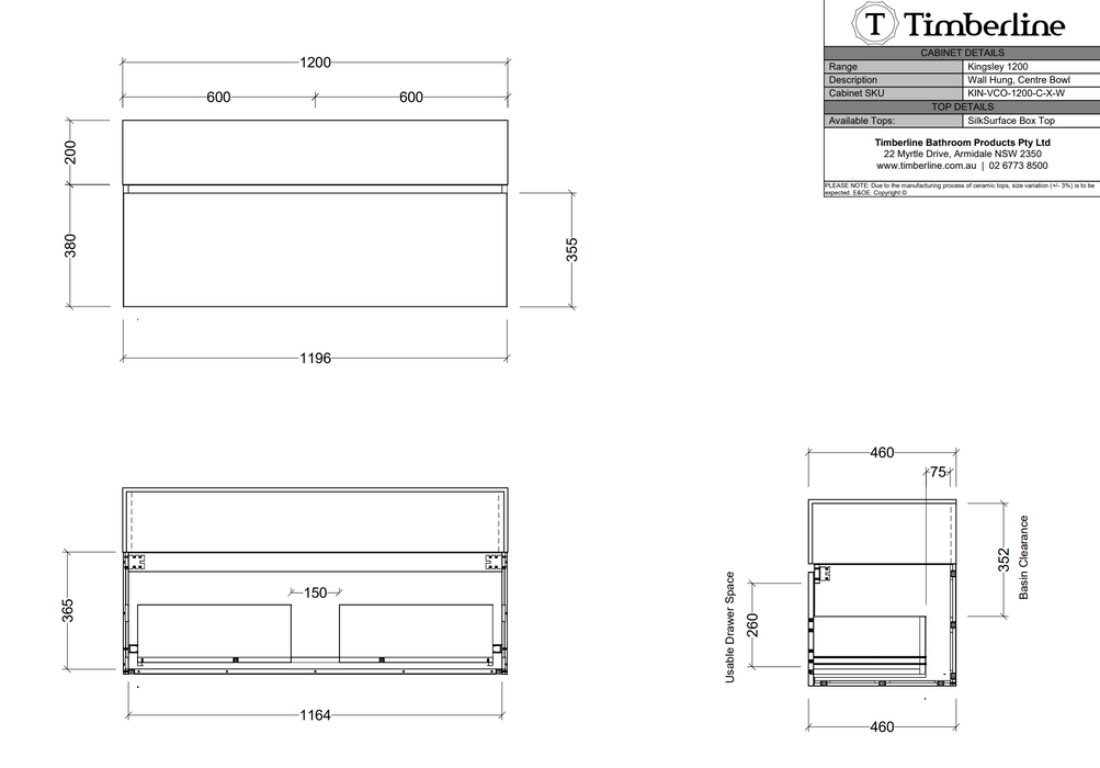 Timberline Kingsley Vanity - 60mm Silk Surface Top & Undermount Basin