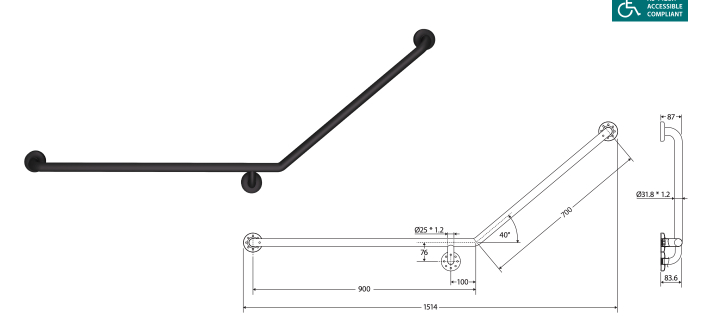 Fienza 40° Accessible Care Left-Hand Grab Rail - Matte Black