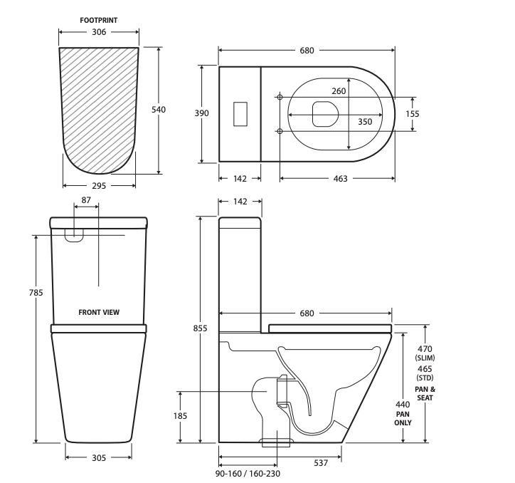 Fienza Kaya Tornado Flush R & T Back-to-Wall Toilet Suite S- Trap 90-160 mm, Gloss White with Standard Seat