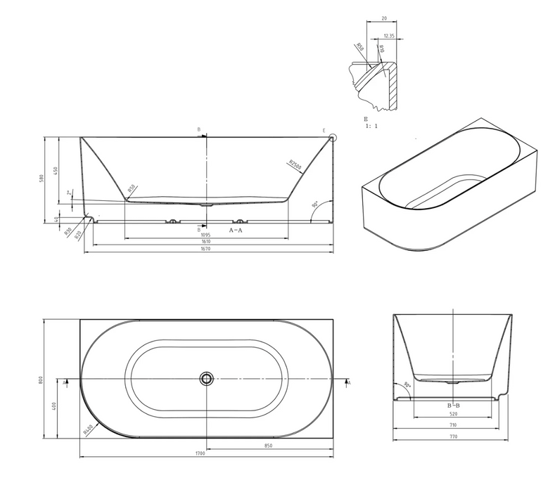 Otti Attica Celine Right Corner Bath 1700mm - Matte White