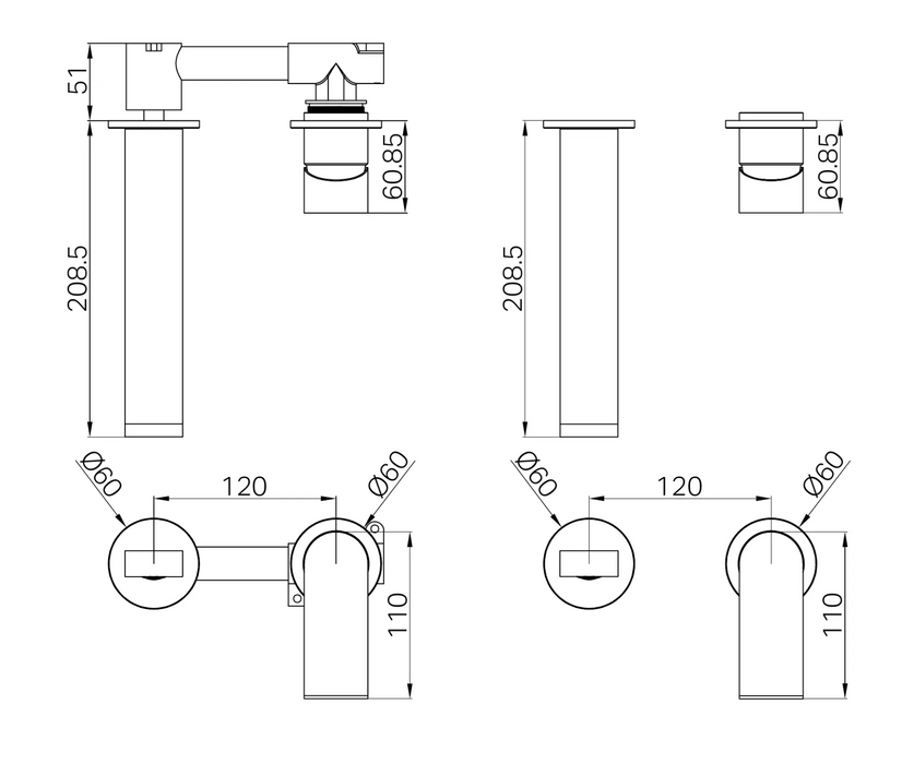 Nero Bianca Wall Basin/Bath Mixer Separate Back Plate 187mm-  Brushed Nickel