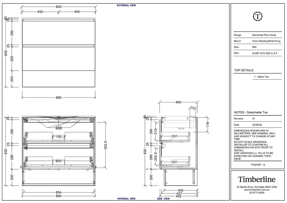 Timberline Elemental Plus 900mm Wall Hung/Freestanding with Alpha Ceramic Top