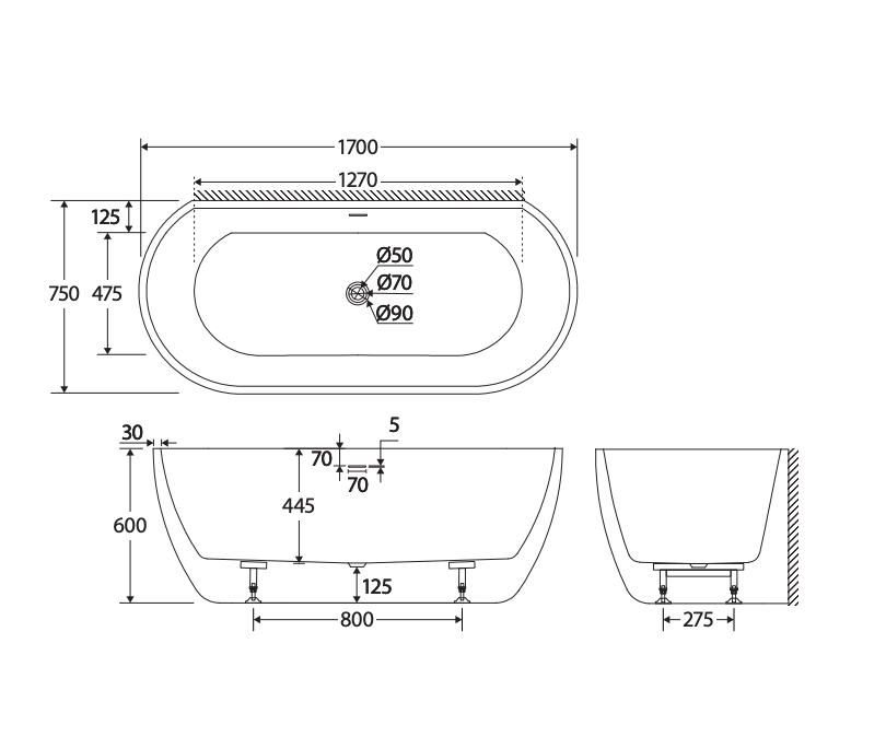 Fienza Dalia Back-to-Wall Acrylic Bath - With Overflow - 1700mm