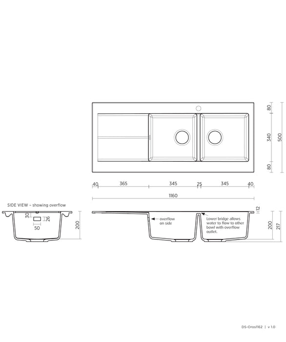 Seima Arqstone Oros 1162 Kitchen Sink - 1 Tap Hole -  Black